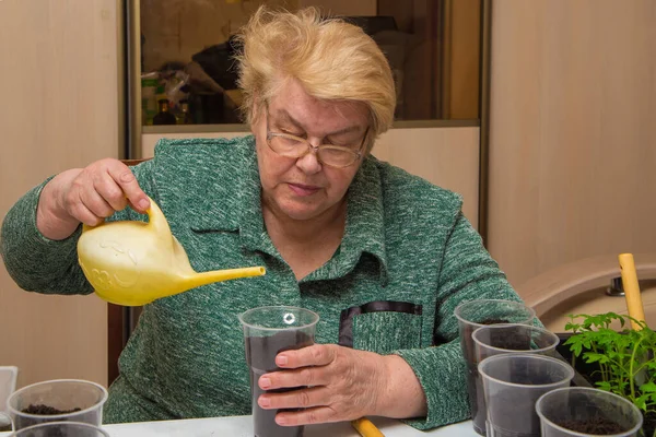 Sulama kabından zemini sulayan yaşlı bir kadının yakın çekimi..