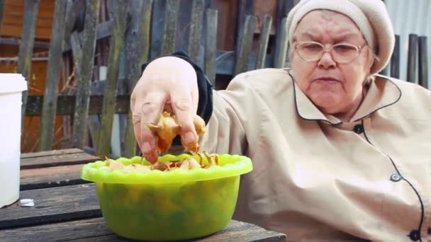 Eine ältere Frau demontiert und untersucht Zwiebelsetzlinge zum Pflanzen. — Stockvideo