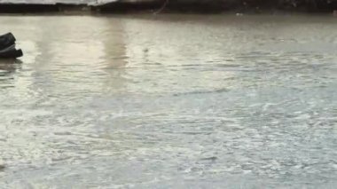 Çatlakları, çamurlu su birikintileri ve çukurları olan kötü bir yolda yavaş sürüş..