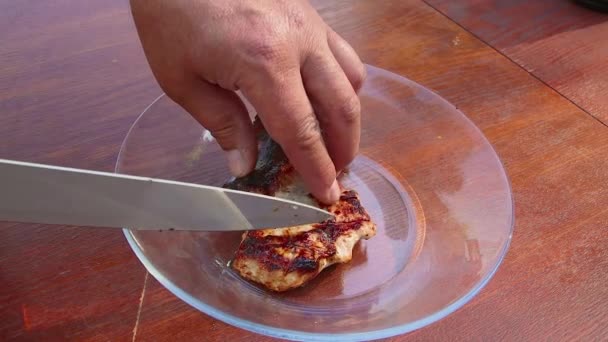 Mãos masculinas cortam a carne acabada em pedaços para testes. — Vídeo de Stock