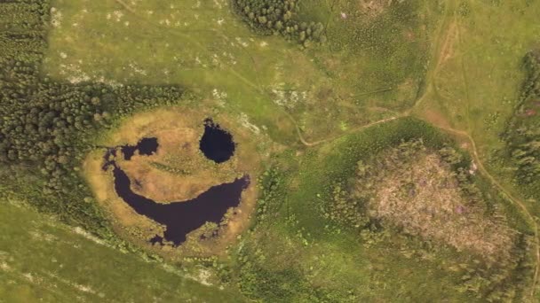 Ein verschmitztes Lächeln des Sees, wie ein Gesicht aus der Vogelperspektive, Schönheit in der Natur. — Stockvideo