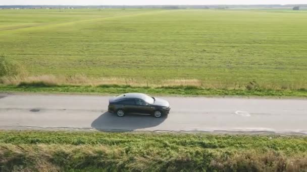 Auf der grünen Wiese fährt ein Auto auf den Asphalt. — Stockvideo