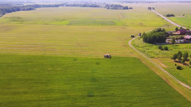 Saman tarlasının güzel hava manzarası, hasat makinesi çimleri bir sırada biçiyor.. — Stok video