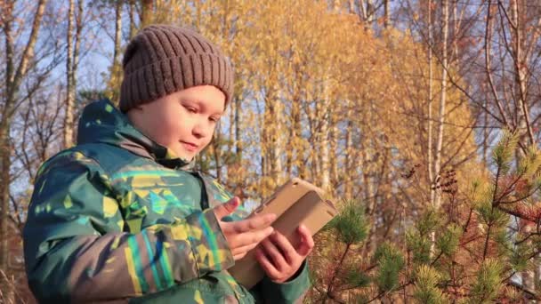De jongen bladert emotioneel door de foto 's op de tablet met zijn vinger. — Stockvideo