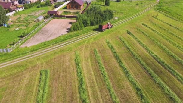 Bonita vista aérea de un tractor que lleva un carro de hierba en el campo. — Vídeos de Stock