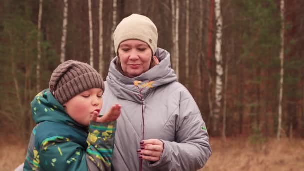 Felice mamma con suo figlio stanno giocando con fogliame autunno. — Video Stock
