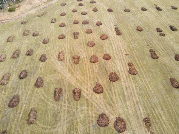 Yuvarlak, gübre yığını, hava manzarası, tarlada dümdüz uzanmak..