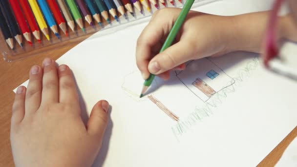 Childrens hands draw a green tree next to the house. — Stock Video