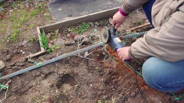 Handen met een haakse slijper snijden een roestige gevallen metalen kas. — Stockvideo