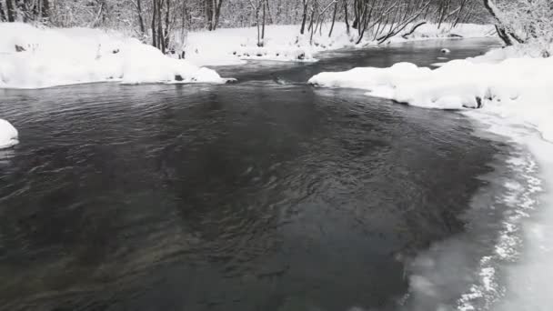 Jul snöigt vackert landskap med isfri flod, flygutsikt. — Stockvideo