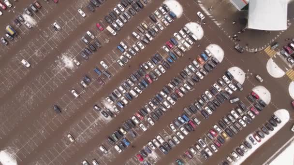 Muchos coches están de pie en líneas rectas en un gran estacionamiento, vista aérea. — Vídeos de Stock