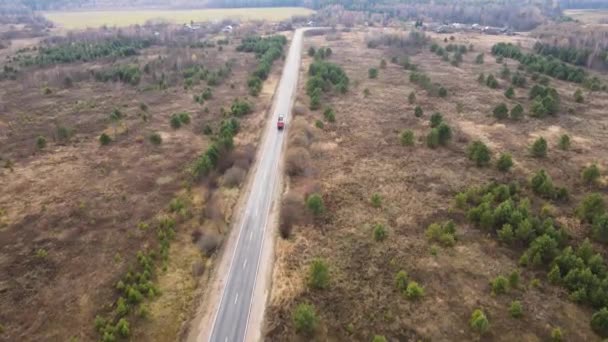 Landweg met auto 's in een veld met groene dennenbomen, uitzicht vanuit de lucht. — Stockvideo