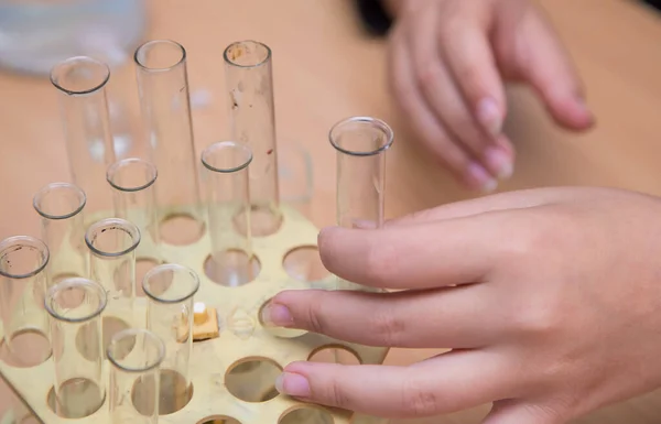 Primer plano de una mano de los estudiantes sacando un tubo de ensayo químico del soporte. — Foto de Stock