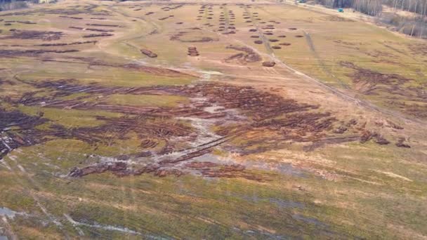 Nutritious manure heap on an agricultural field, aerial view. — Stock Video