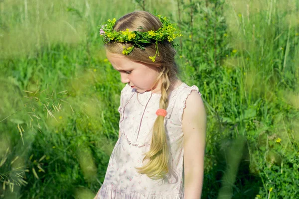 Kleines Mädchen mit einem Kranz aus Wildblumen auf dem Kopf — Stockfoto