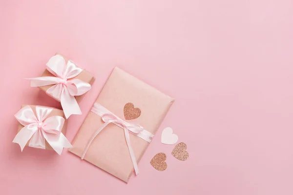 Gift Boxes Pink Ribbon Hearts Pastel Pink Background Valentines Day — Stock Photo, Image