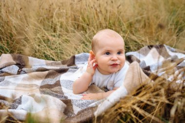 Bebek çayırdaki battaniyeye uzandı.