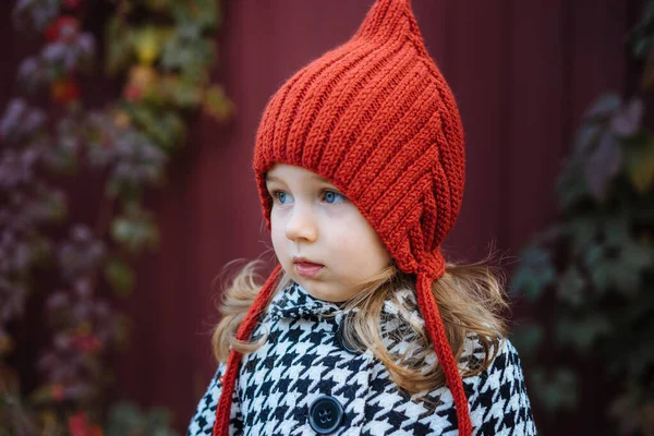 Portret Van Een Klein Peuter Meisje Rood Gebreide Hoed Staande — Stockfoto