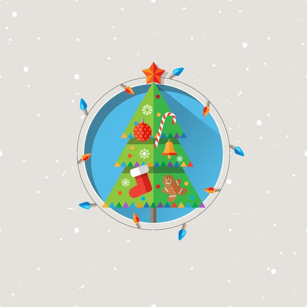 Mignon arbre de bande dessinée de Noël avec jouets et une guirlande — Image vectorielle
