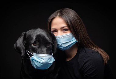 Labrador Retriever köpeğinin portresi. Koruyucu bir tıbbi maske takmış, bir de kadın sahibi var. Fotoğraf stüdyosunda çekilmişti.