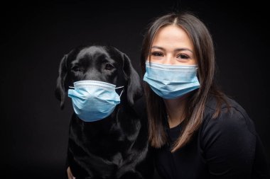 Labrador Retriever köpeğinin portresi. Koruyucu bir tıbbi maske takmış, bir de kadın sahibi var. Fotoğraf stüdyosunda çekilmişti.
