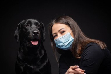 Labrador Retriever köpeğinin portresi. Koruyucu bir tıbbi maske takmış, bir de kadın sahibi var. Fotoğraf stüdyosunda çekilmişti.