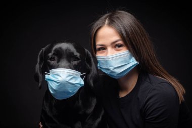Labrador Retriever köpeğinin portresi. Koruyucu bir tıbbi maske takmış, bir de kadın sahibi var. Fotoğraf stüdyosunda çekilmişti.