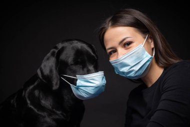 Labrador Retriever köpeğinin portresi. Koruyucu bir tıbbi maske takmış, bir de kadın sahibi var. Fotoğraf stüdyosunda çekilmişti.