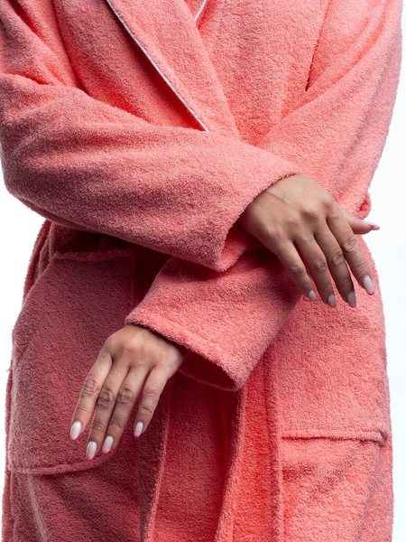 Woman Bright Dressing Gown Advertises Clothing Details Isolated White Background — Stock Photo, Image