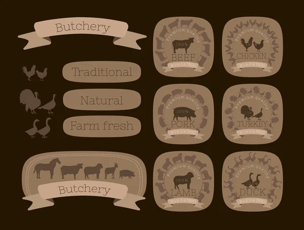 Butcher shop logotypes and farm animals Stock Vector