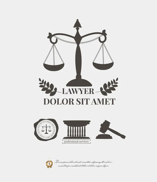 Logotipos del bufete de abogados, peso del abogado y etiqueta del abogado mazo. Elementos tipográficos — Archivo Imágenes Vectoriales