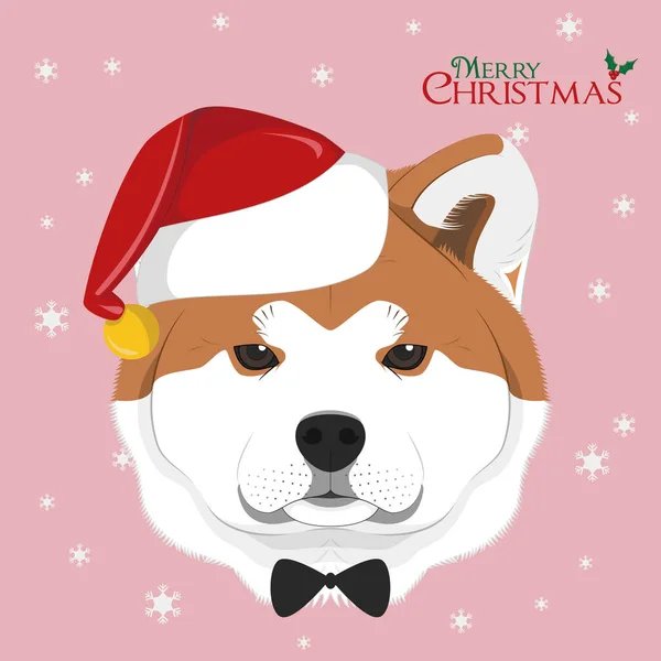 Weihnachtsgrußkarte Vorhanden Akita Inu Hund Mit Roter Weihnachtsmütze Und Fliege — Stockvektor