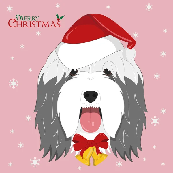 Weihnachtsgrußkarte Vorhanden Bärtiger Collie Hund Mit Roter Weihnachtsmütze Und Goldenen — Stockvektor