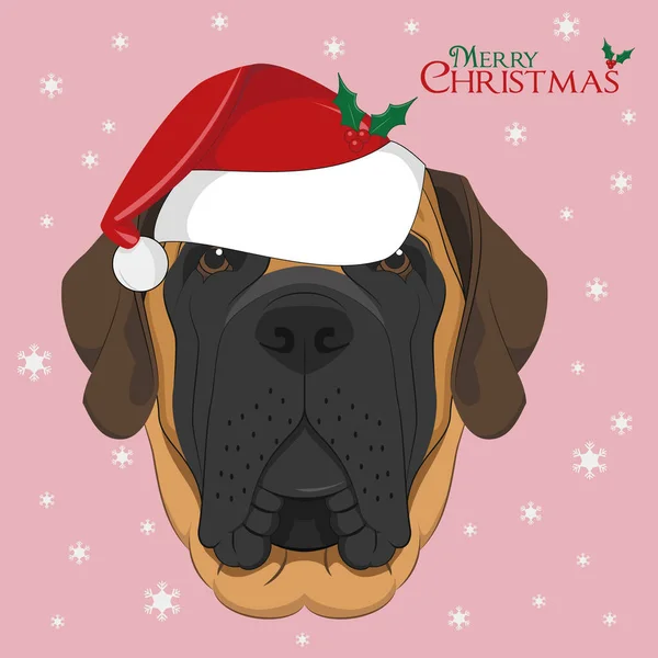 Vánoční Přání English Mastiff Dog Red Santa Hat — Stockový vektor