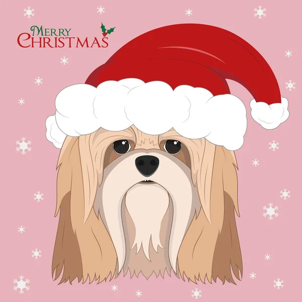 Christmas Greeting Card Lhasa Apso Dog Red Santa Hat — Stock Vector