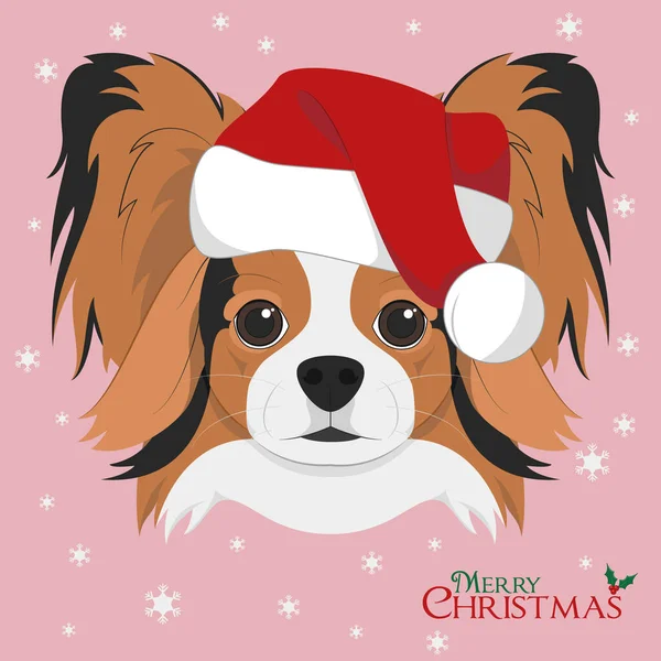 Noel Tebrik Kartı Kırmızı Noel Baba Şapkalı Papillon Köpeği — Stok Vektör