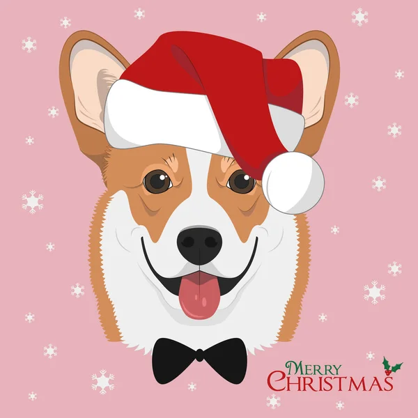 Cartão Natal Pembroke Welsh Corgi Cão Com Chapéu Papai Noel — Vetor de Stock