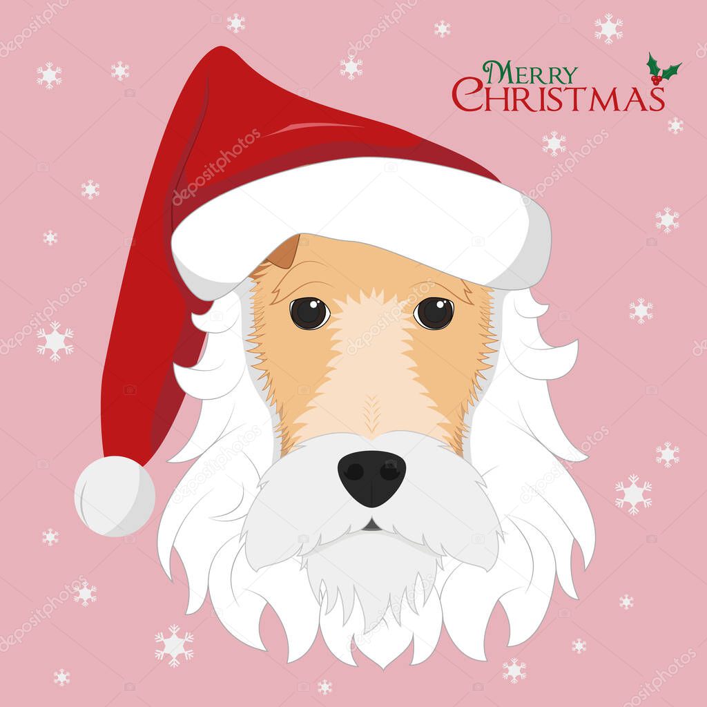 Christmas greeting card. Fox Terrier dog with white beard and red Santa's hat