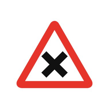 Beyaz ve kırmızı üçgen trafik sinyali, beyaz arka planda izole edilmiş. İleride sağda öncelikli kavşak uyarısı