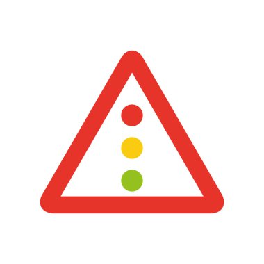 Beyaz ve kırmızı üçgen trafik sinyali, beyaz arka planda izole edilmiş. İleride trafik ışıkları uyarısı