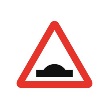 Beyaz ve kırmızı üçgen trafik sinyali, beyaz arka planda izole edilmiş. Kambur yol uyarısı