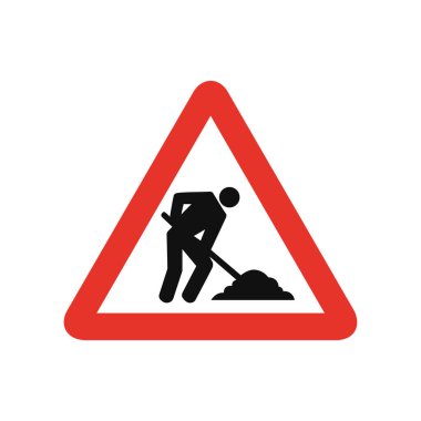 Beyaz ve kırmızı üçgen trafik sinyali, beyaz arka planda izole edilmiş. İş yerindeki insanlara uyarı