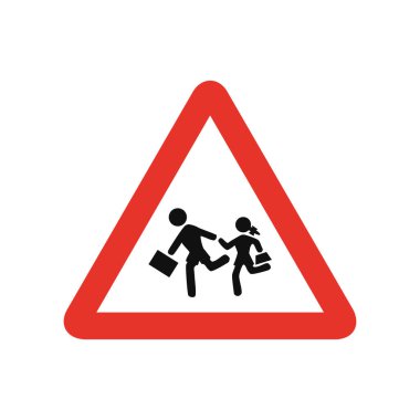 Beyaz ve kırmızı üçgen trafik sinyali, beyaz arka planda izole edilmiş. Okul veya çocuk parkına yakınlık uyarısı