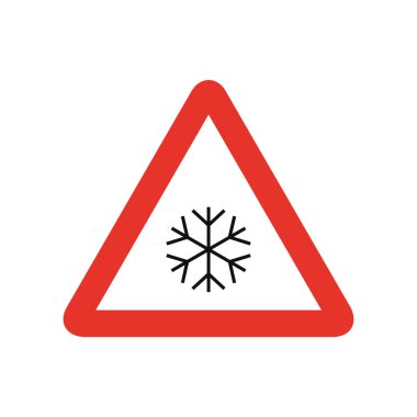 Beyaz ve kırmızı üçgen trafik sinyali, beyaz arka planda izole edilmiş. Buz ya da kar için kaygan yol uyarısı