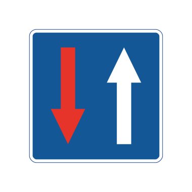 Mavili kare trafik ışığı, beyaz arka planda izole edilmiş. Öncelik zıt yönde.