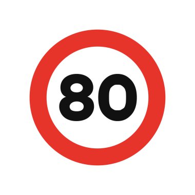 Yuvarlak trafik ışığı beyaz ve kırmızı, beyaz arka planda izole. Hız limiti 80
