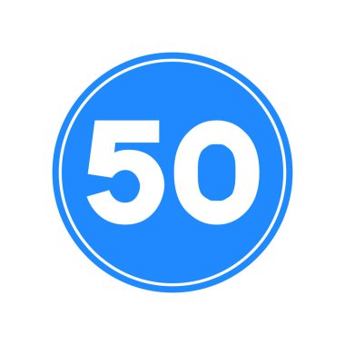 Mavi-beyaz yuvarlak trafik ışığı, beyaz arka planda izole edilmiş. En düşük hız 50