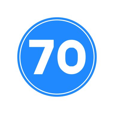 Mavi-beyaz yuvarlak trafik ışığı, beyaz arka planda izole edilmiş. En düşük hız 70.