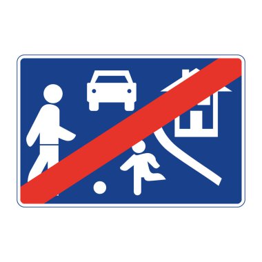 Mavi-beyaz dikdörtgen trafik sinyali, beyaz arka planda izole edilmiş. Yerleşim yerinin sonu