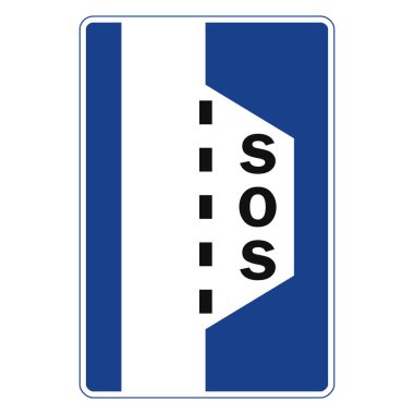 Mavi-beyaz dikdörtgen trafik sinyali, beyaz arka planda izole edilmiş. Tünellerde, acil durum telefonuyla yan yana.